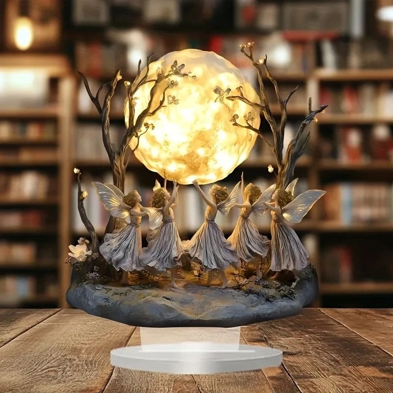 Celestial Moon Elf Tabletop Decor | Glowing Fairy Forest Ornament | Executive Home & Office Sanctuary Art