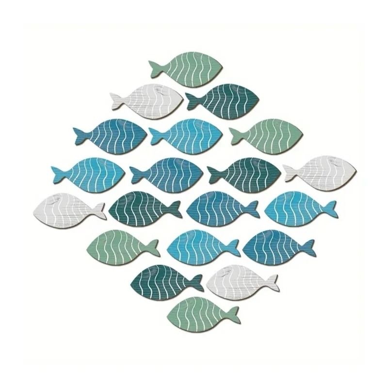 Coastal School of Fish | 20-Piece Wooden Maritime Ornament Set | Executive Studio & Beach Sanctuary Decor