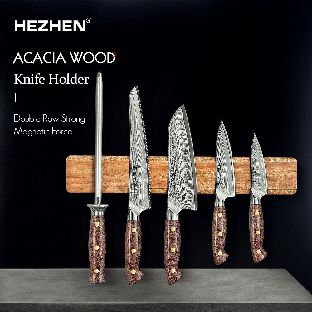 HEZHEN Acacia Bar | 400mm Strong Magnetic Hardwood Knife Storage Holder