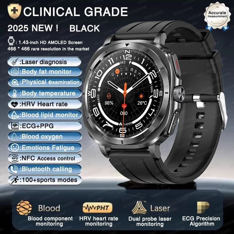 2025 Nursing Health Smart Watch | ECG & Uric Acid Body Analysis | Executive Blood Lipid & BP Monitoring Suite