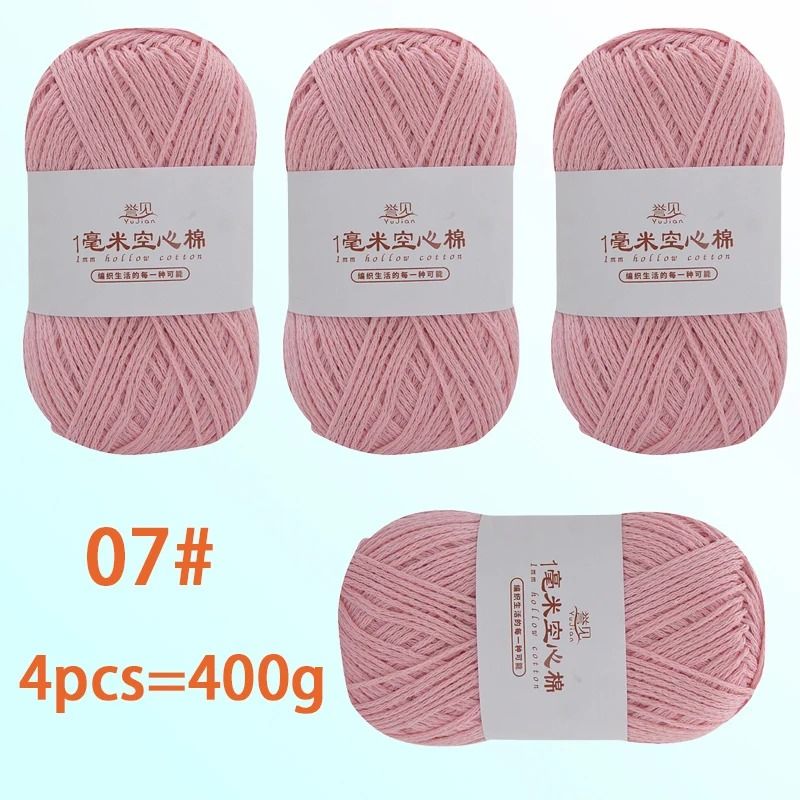 4-Pack 400g Solid Color Hollow Cotton Yarn 100g Roll for DIY Crochet Bags Hats Tableware Mats and Slippers