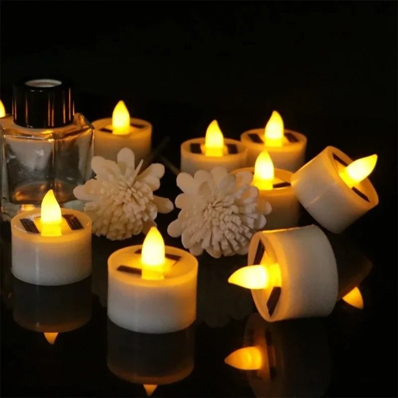 Solar Powered Outdoor Waterproof LED Tea Light Candles Rechargeable Flameless Flickering Lights for Garden Patio and Hom