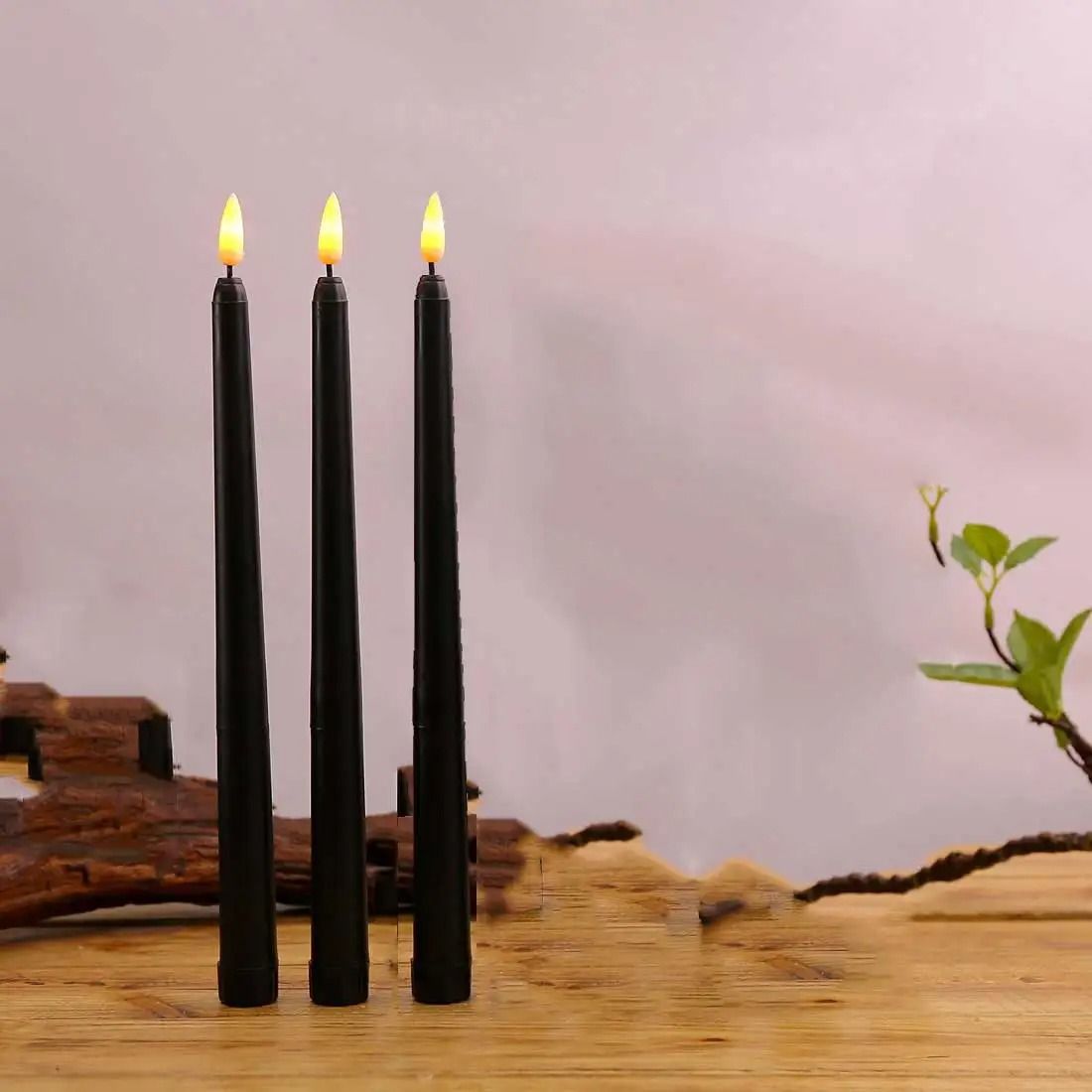 3 or 6 Pcs Black Flameless LED Taper Candles 11 Inch Battery Flickering Lights for Halloween Party Decor
