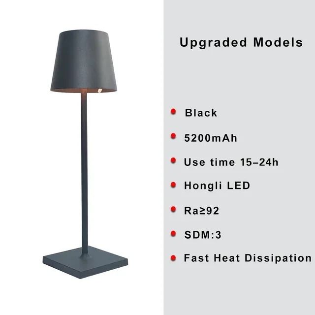 Cordless LED Dimmable Table Lamp Metallic Black Night Light for Indoor Outdoor Restaurant