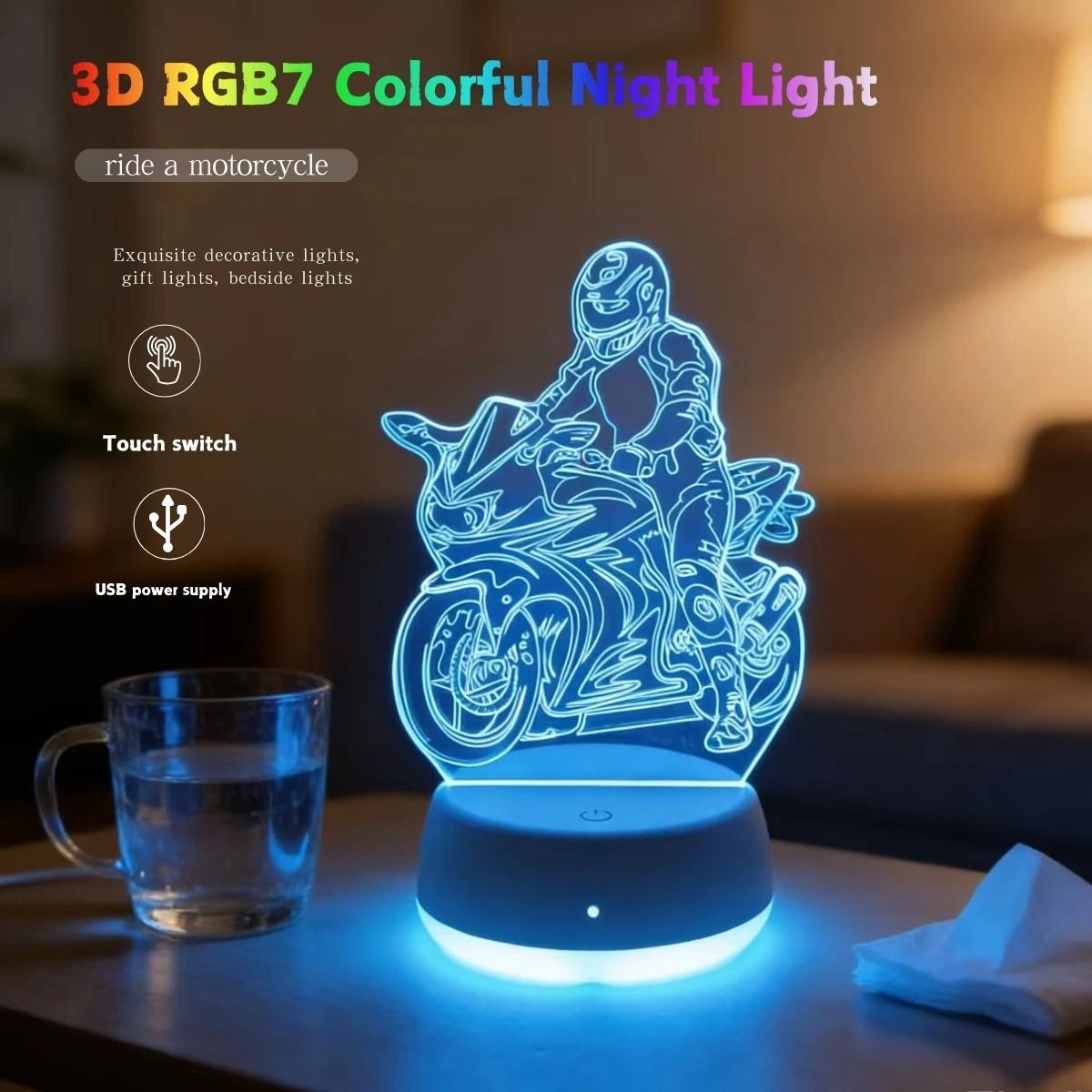 USB 3D Motorcycle LED Night Light RGB Color Changing Desk Lamp Gift for Cycling Enthusiasts