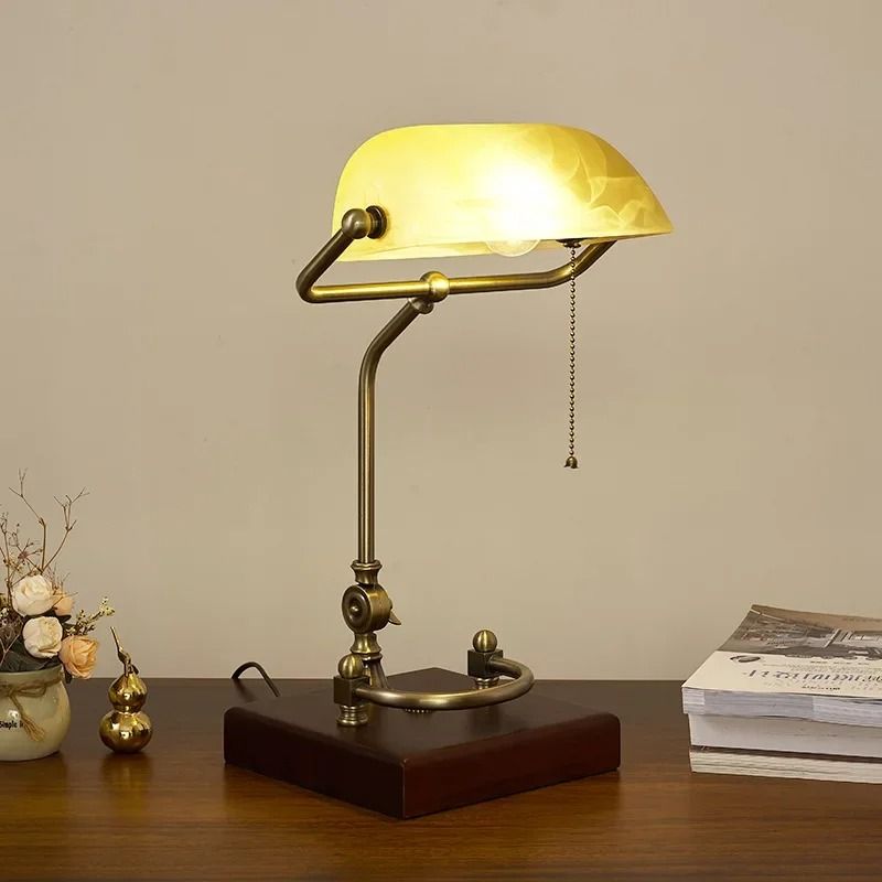 Classical Retro Vintage Metal Wood Banker Table Lamp E27 LED Green Glass Shade for Bedside Study Reading