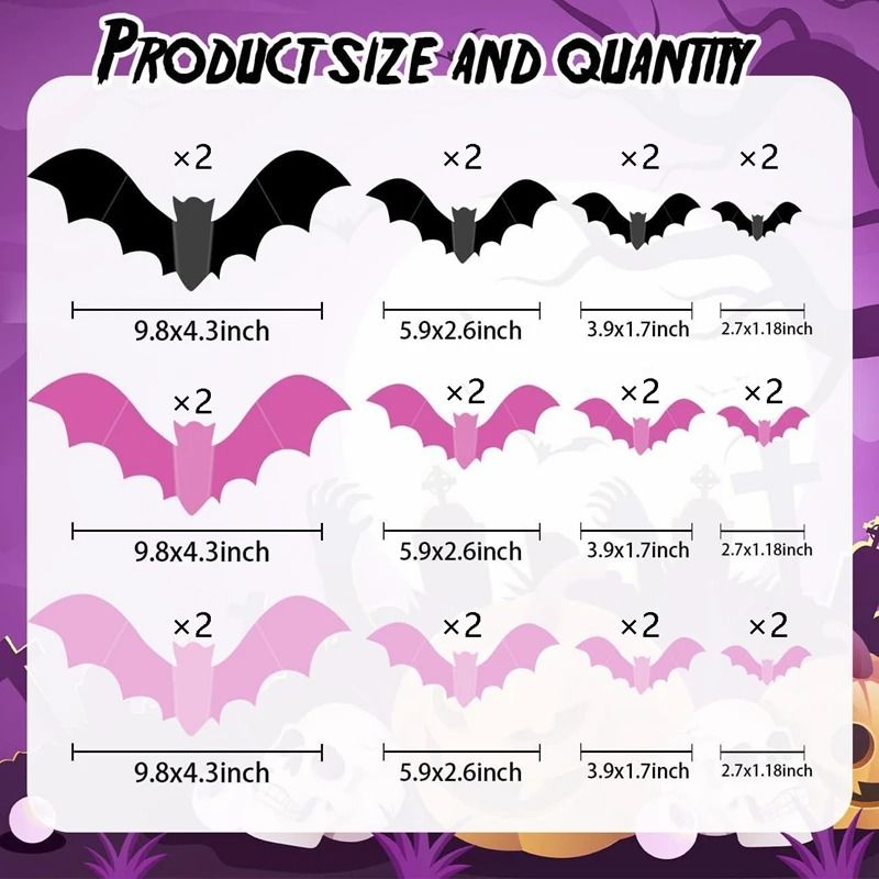 24/48Pcs Halloween Pink Bats 3D Wall Window Stickers Spooky DIY Decals for Home Kids Room Decor