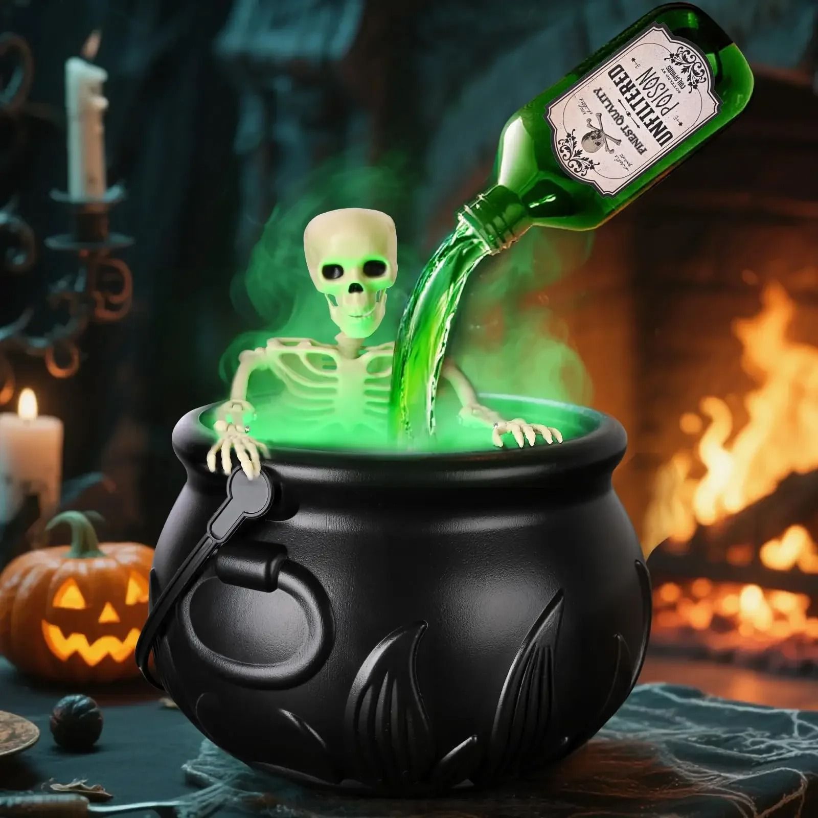 Halloween Witch Cauldron with LED Light & Fog Mist Maker Skeleton Decor