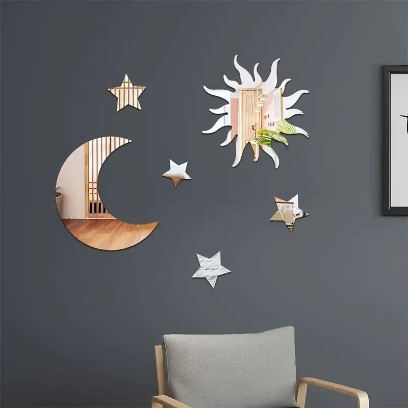 6-Piece Star & Moon Acrylic Mirror Wall Stickers Ramadan Kareem Decorative Accent Decals