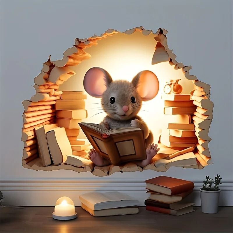Cute 3D Reading Mouse Hole Wall Sticker Whimsical Cartoon Animal Vinyl Decal
