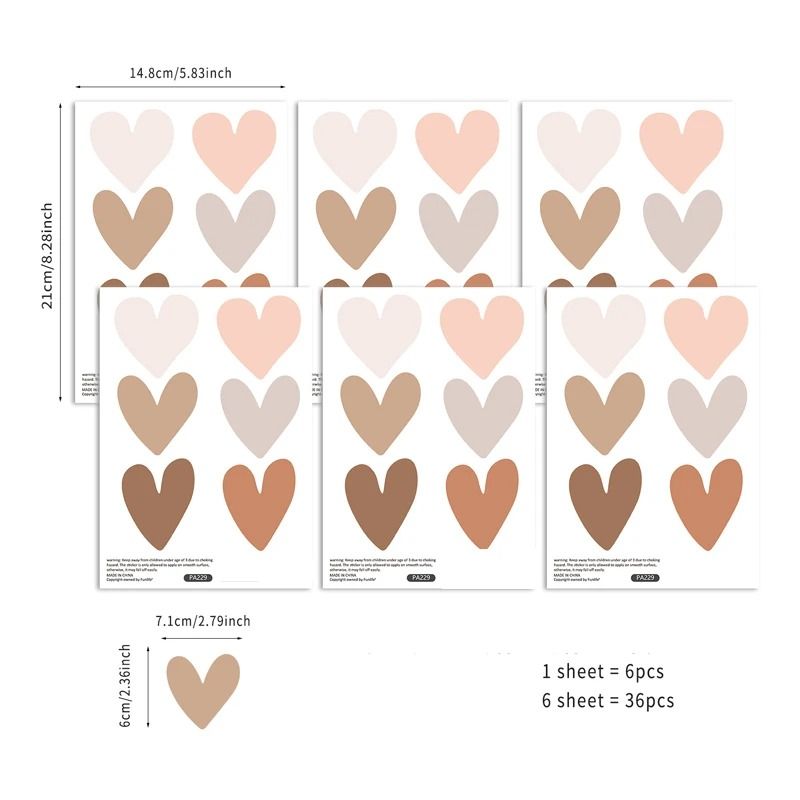 Boho Hearts Wall Sticker Decals 6 Sheets Set Vinyl Nursery Mural Decor for Kids Room