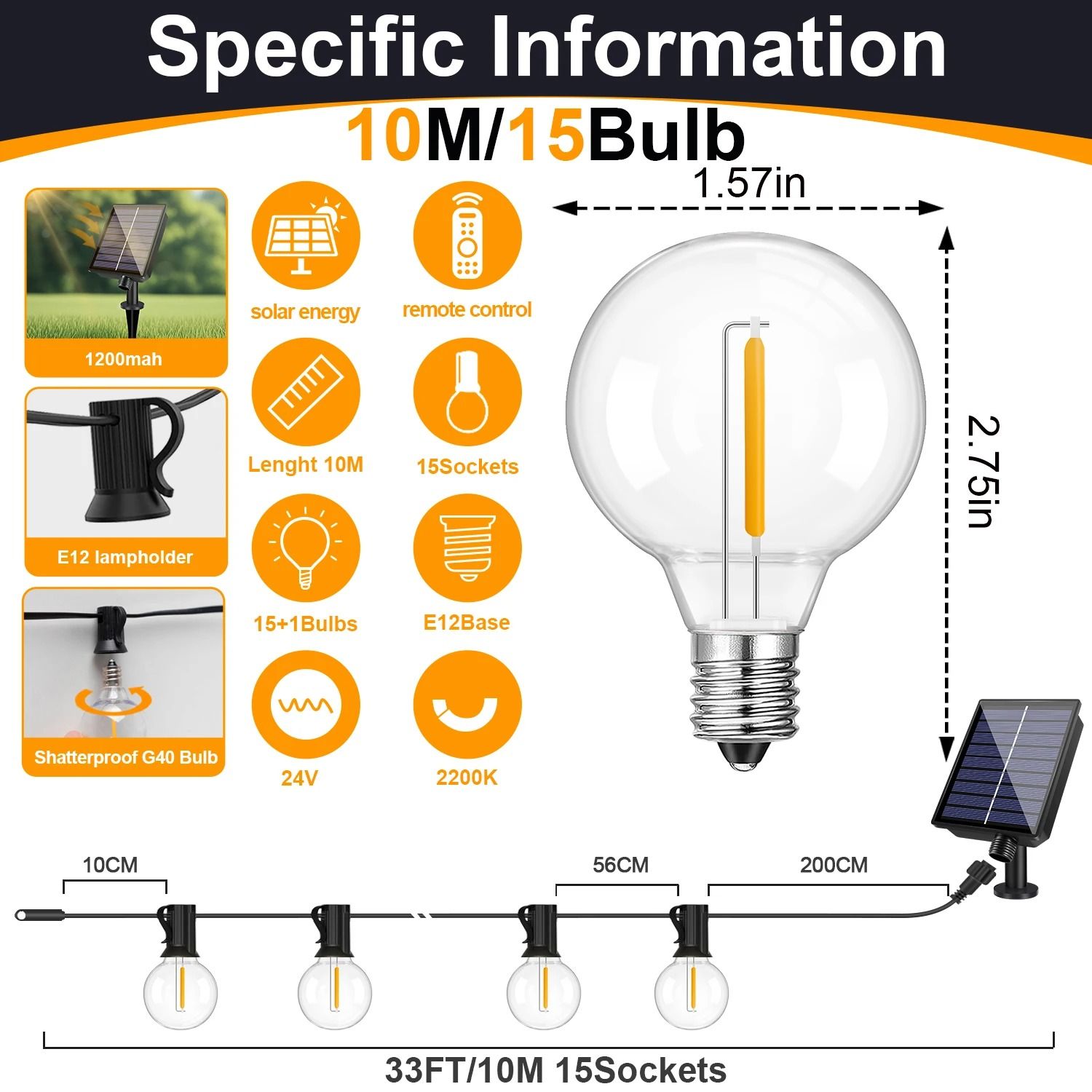 Solar G40 Globe LED String Lights Outdoor Waterproof Shatterproof Bistro Lamp
