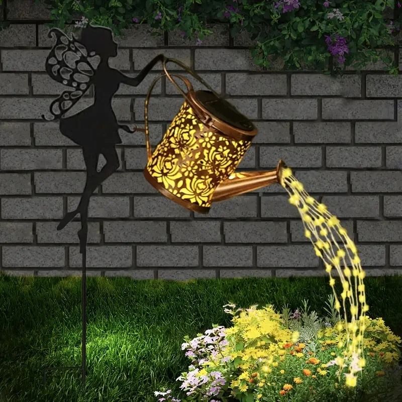 Solar Watering Can Lights Outdoor Waterfall Garden String Fairy Projection Lamp
