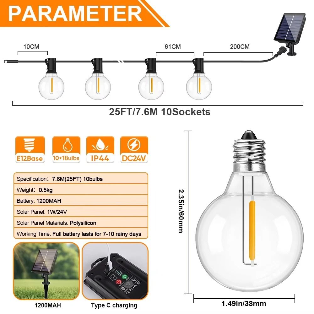 G40 Outdoor Solar String Lights 24V Commercial Globe Garland Cafe Patio Decor