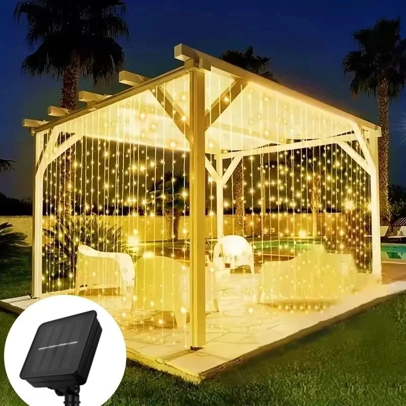 3x3M 300 LED Solar Curtain Lights Outdoor Waterproof 8 Modes Fairy String Decor