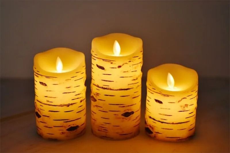 USB Rechargeable Birch Bark LED Candle Real Paraffin Wax Pillar Remote Timer