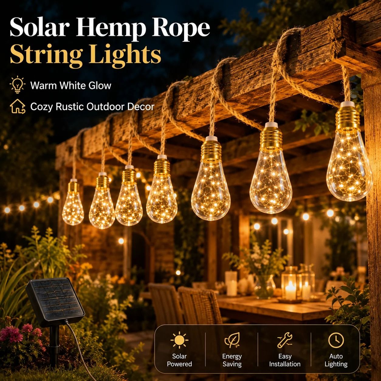 Solar Hemp Rope Edison Bulb Fairy String Lights Warm White Outdoor Garden Decor