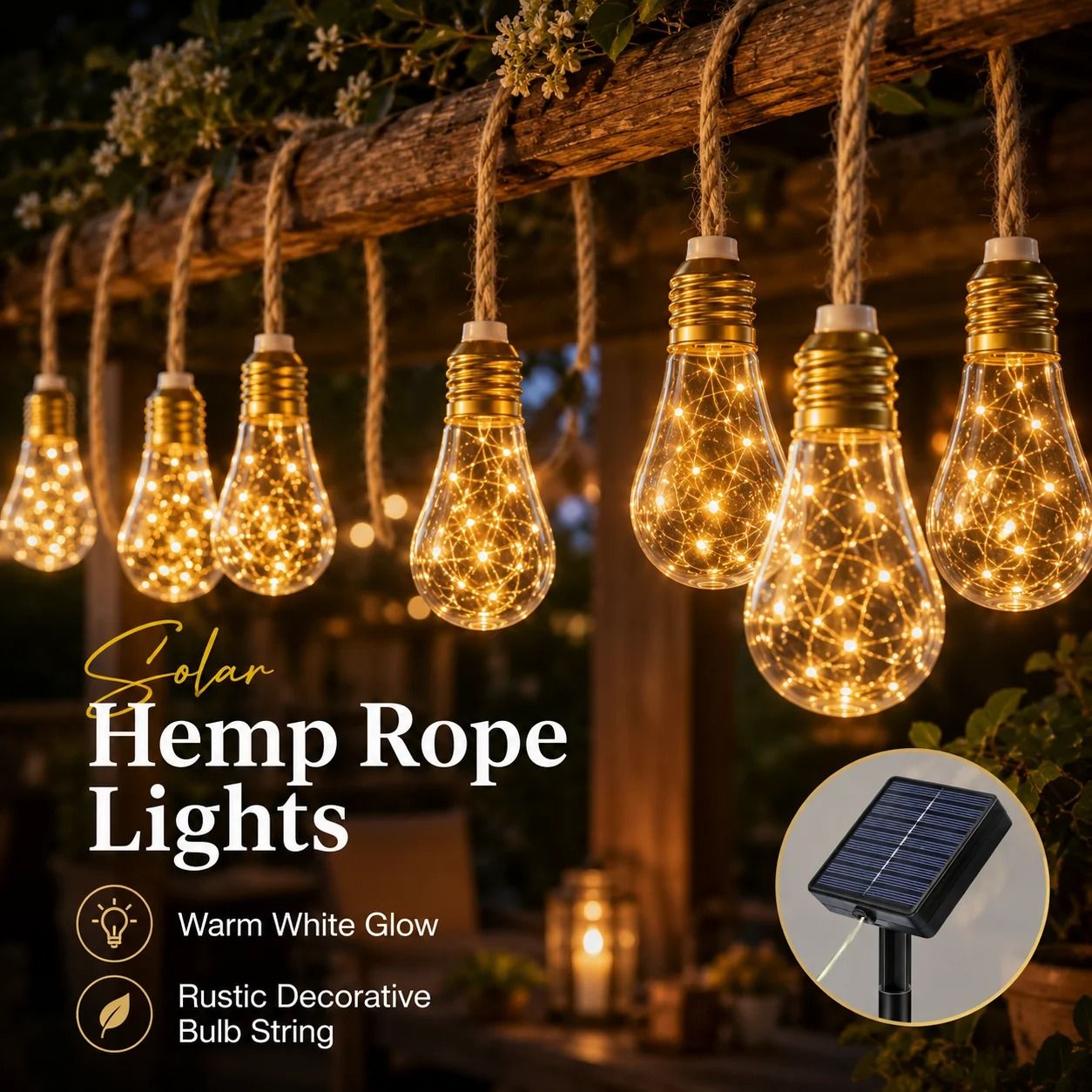 Solar Outdoor Hemp Rope Edison Bulb String Lights Waterproof Patio Decor