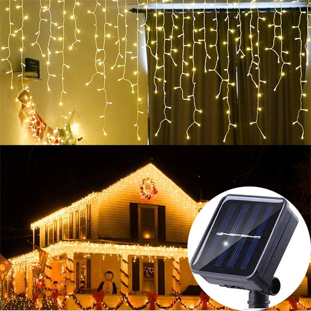 3.5M Solar Outdoor Curtain Icicle Fairy String Lights Waterproof Eaves Garden Decor