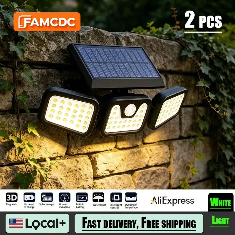 3-Head Solar Motion Sensor Outdoor Security Wall Light Waterproof Spotlights