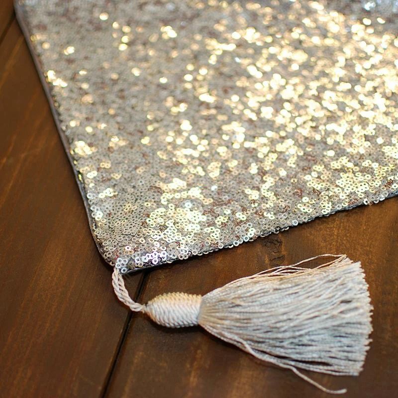 Silver Sequin Tassel Table Runner (Sparkly Glitter Accent for Birthday, Wedding & Holiday Table Decor)