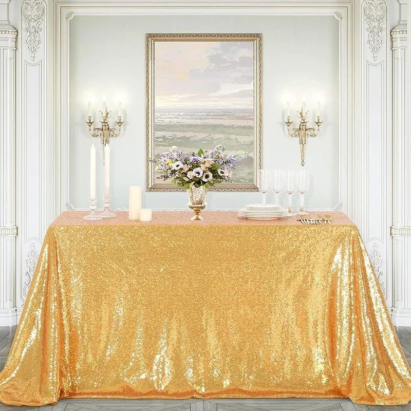 Gold Sequin Tablecloth Sparkle Cover (Glitter Rectangle Overlay for Wedding, Birthday & Cake Table Decor)