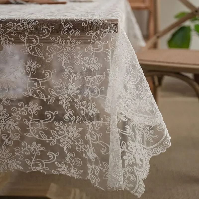 White Vintage Leaf Embroidery Lace Tablecloth with Eyelash Hem (Farmhouse Cover for Wedding & Baby Shower)