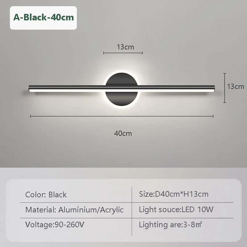 Modern Black LED Long Strip Bathroom Vanity Light (40cm, 60cm & 80cm Linear Mirror Wall Sconce)