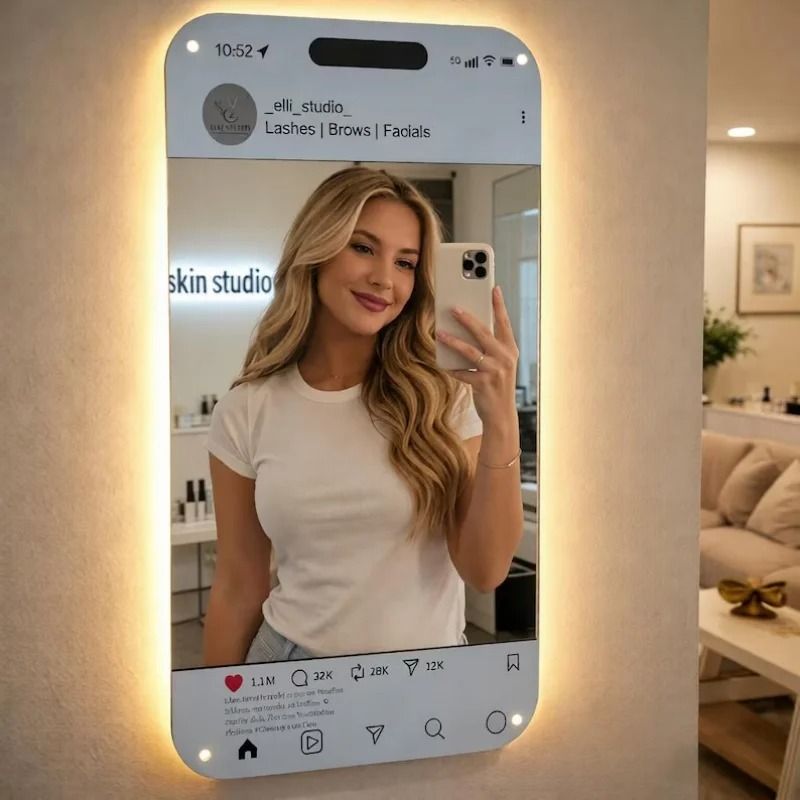 Personalized LED Social Media Mirror Light Sign & Customized Selfie Frame Wall Decor