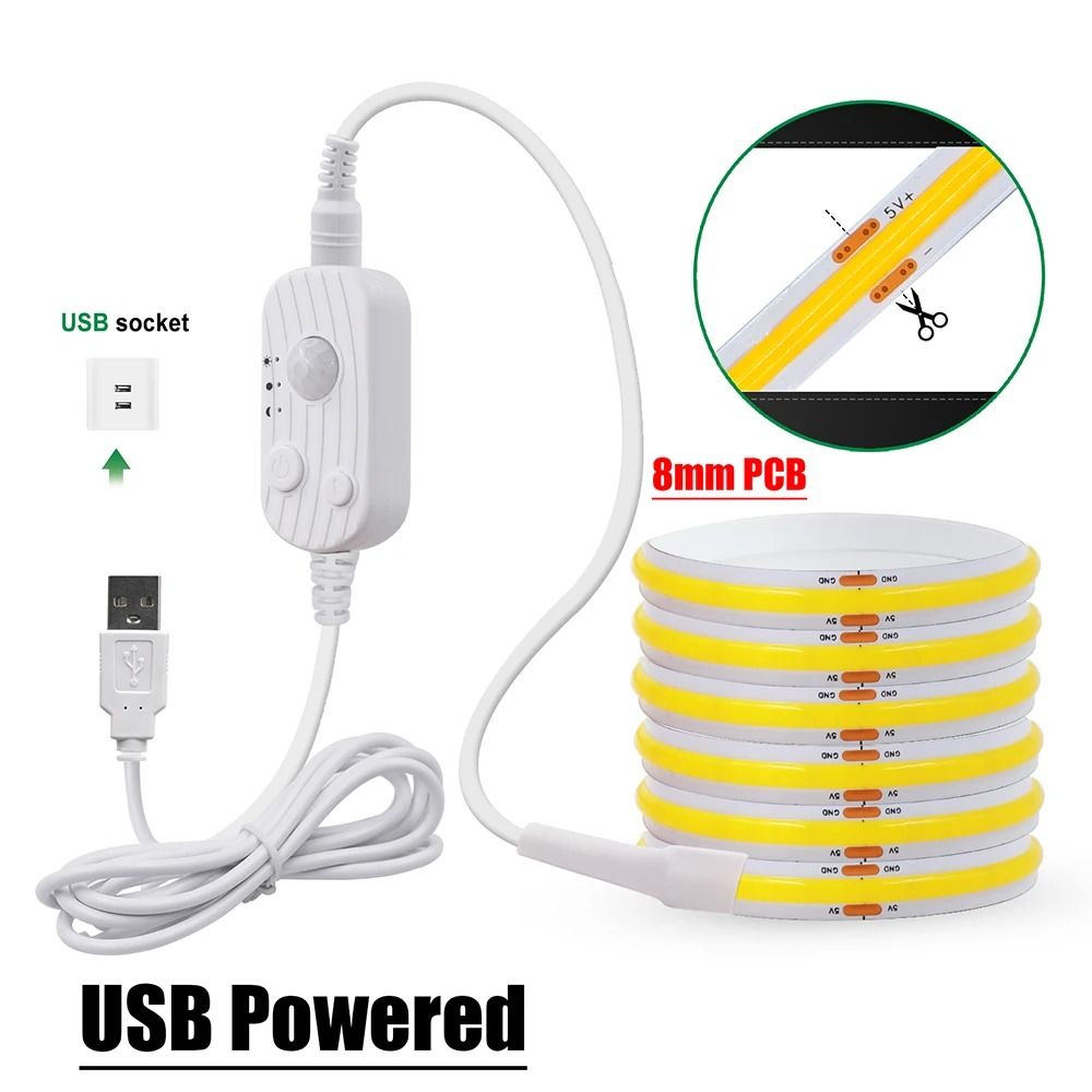 5V Flexible COB LED Motion Sensor Light Strip (USB & Battery Powered)
