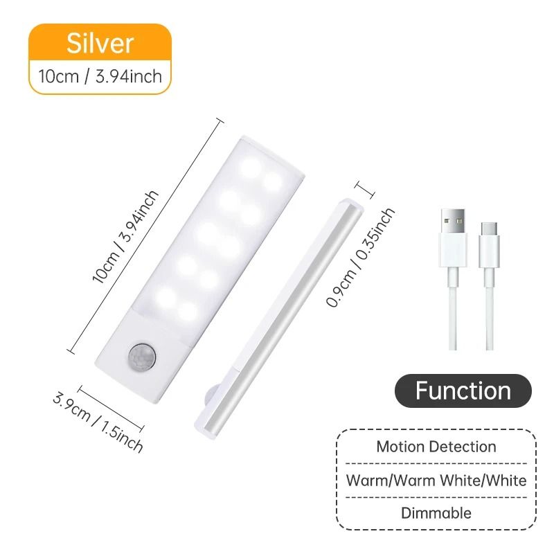 Wireless PIR Motion Sensor LED Night Light Bar (USB Rechargeable Under-Cabinet Lamp)