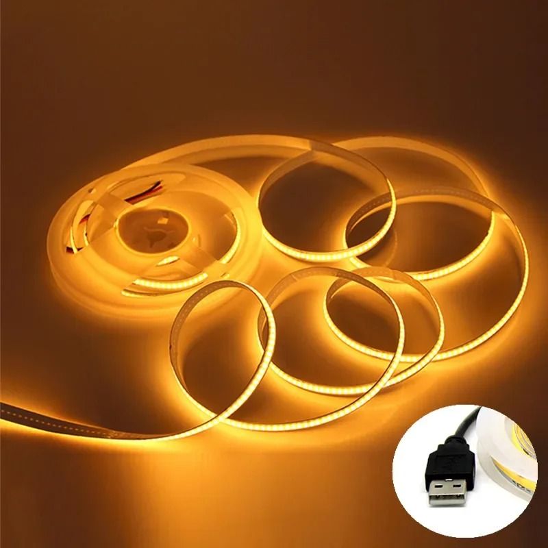 High-Density 5V USB COB LED Light Strip (320 LEDs/m Flexible Ribbon Rope)