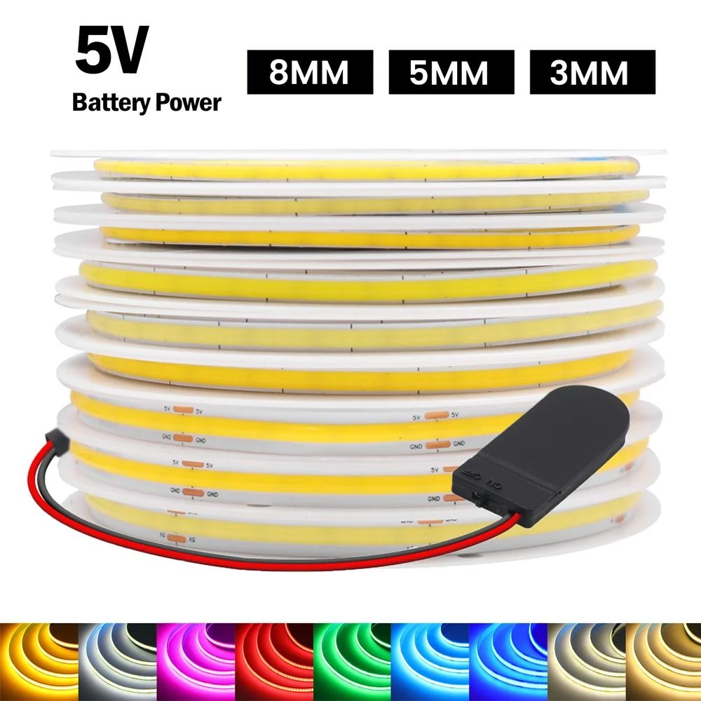 Battery Powered COB LED Strip Light (5V 320 LEDs/m Flexible Linear Tape Ribbon)
