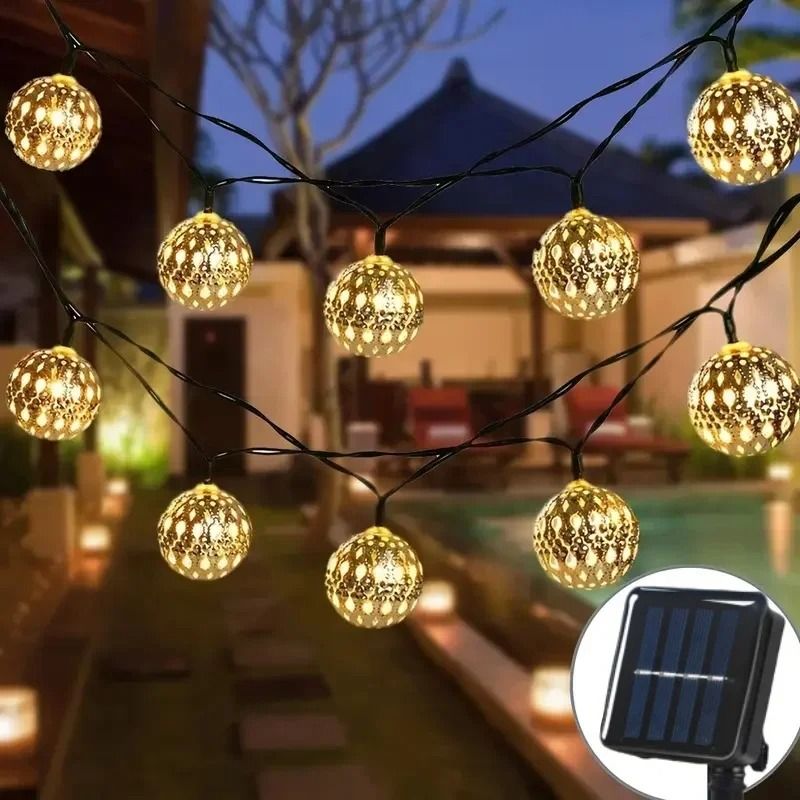 Outdoor Solar Moroccan Globe String Lights (50/30/20 LED Waterproof Filigree Ball Lights with 8 Lighting Modes)