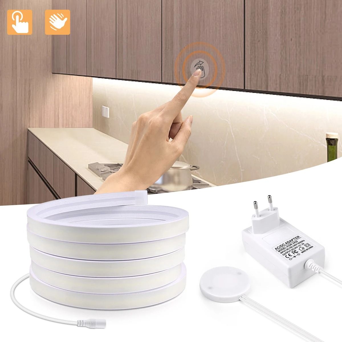 Dimmable COB LED Under Cabinet Strip Light Kit (24V Neon Tape with Penetrable Wood/Mirror Touch Sensor)
