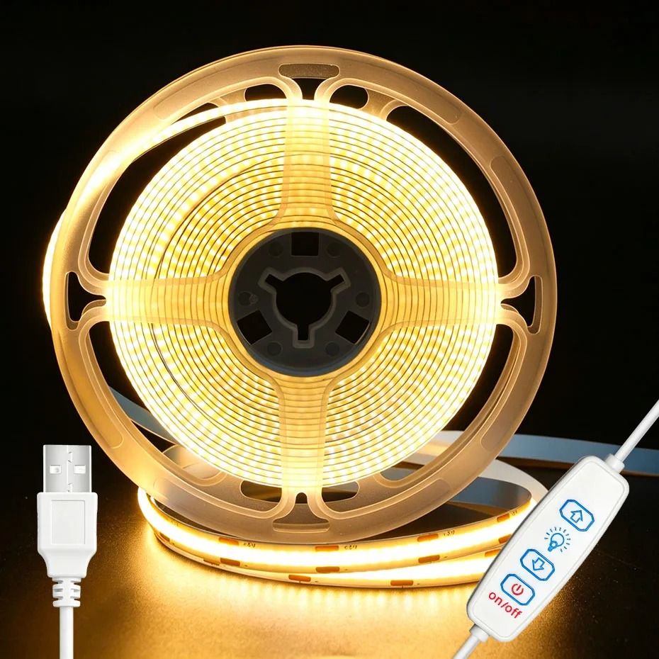 5V USB Dimmable COB LED Strip Light (High Density 320LEDs/m Tape with 3-Key Dimmer for Cabinet & Room)