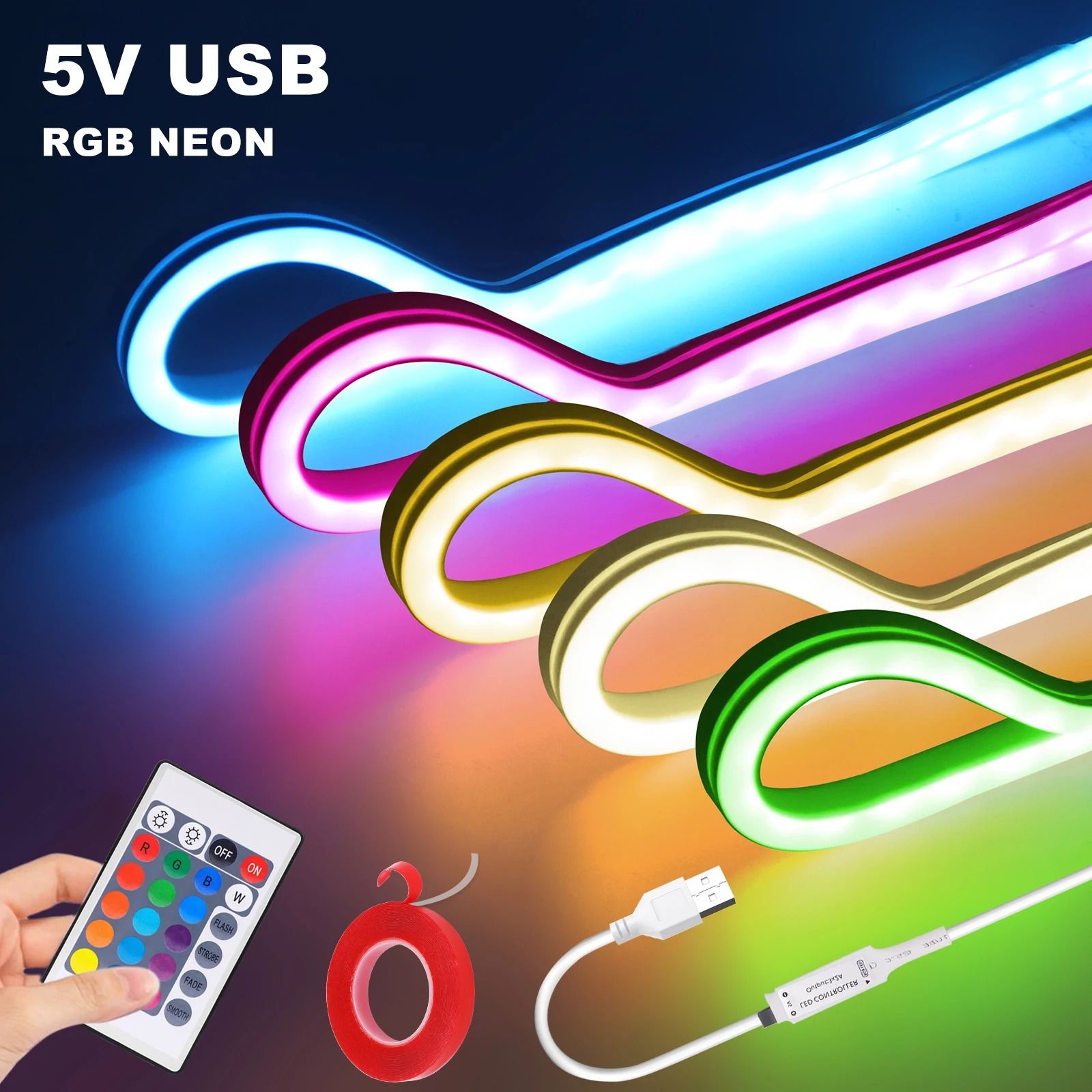 5V USB RGB LED Neon Strip Light with Remote Control & Silicone Ribbon