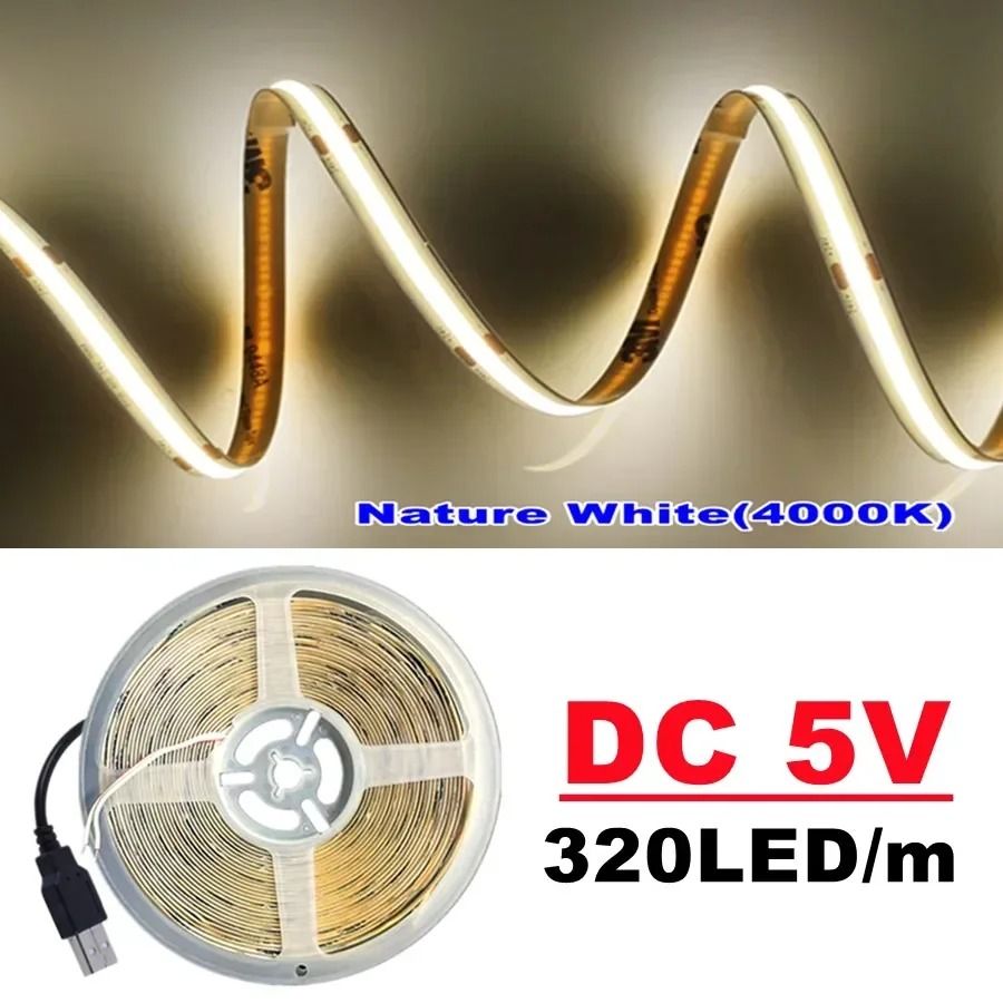 DC5V High-Density USB Powered COB LED Strip Light (320 LEDs/m) for Cabinet & TV Backlight