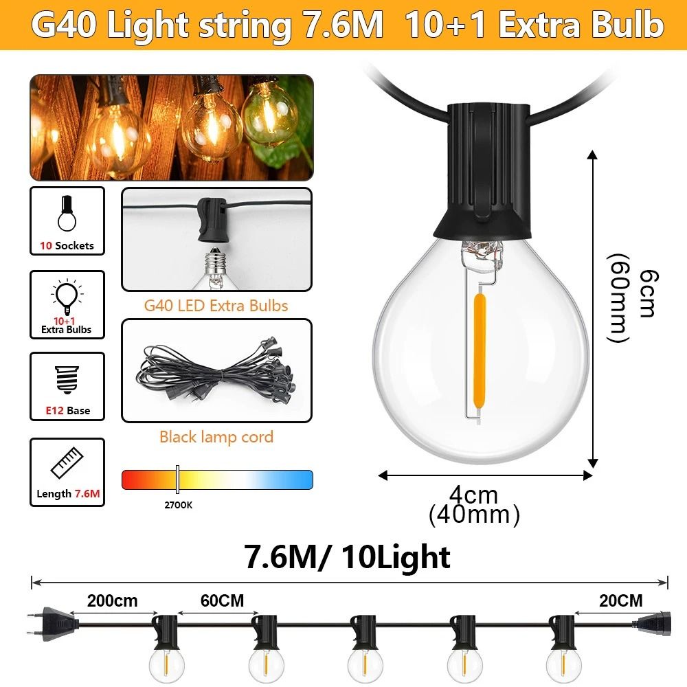 G40 Outdoor Commercial-Grade Shatterproof LED Globe String Lights (IP44 Waterproof Plug-In)