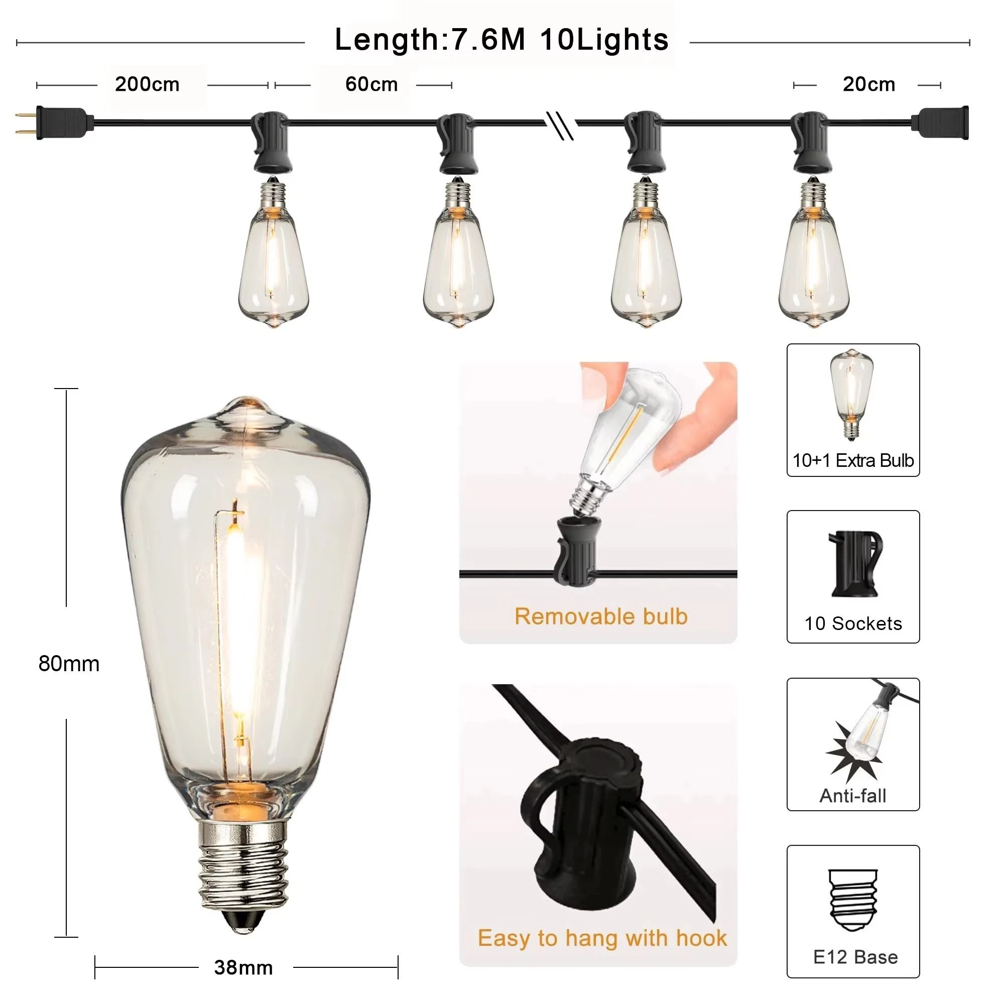 ST38 Outdoor Connectable Solar & Plug-in LED String Lights (Shatterproof Waterproof Plastic Bulbs for Patio & Garden Dec