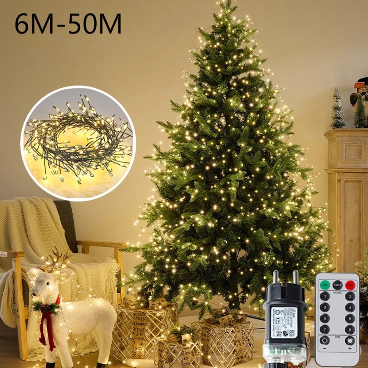 Outdoor LED Cluster String Fairy Lights (Green Wire Christmas Tree Garland Decor)
