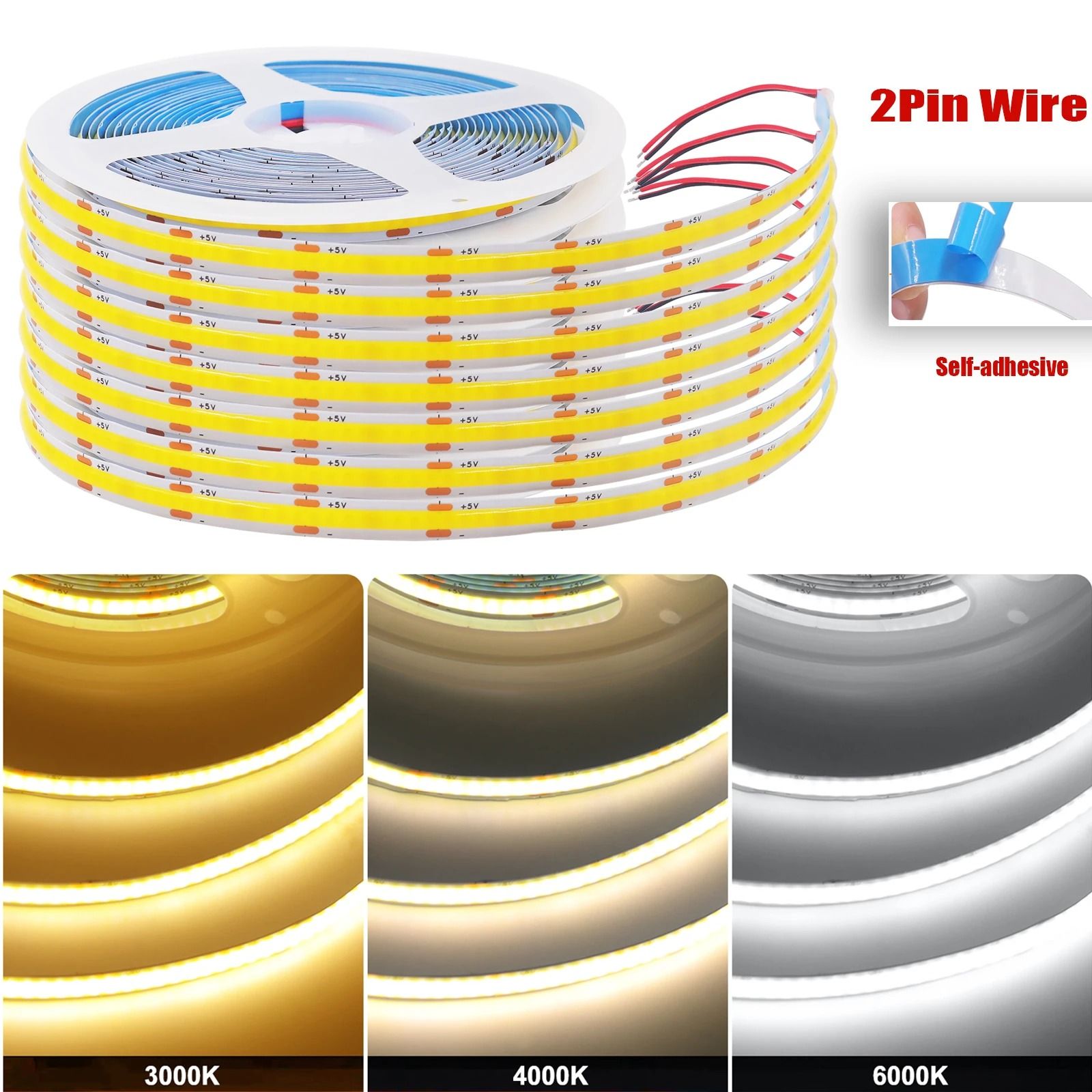 DC 5V USB COB LED Strip Light (8mm PCB 320 LEDs/m Flexible Spot-Free Tape for TV Backlight & Cabinet Decor)