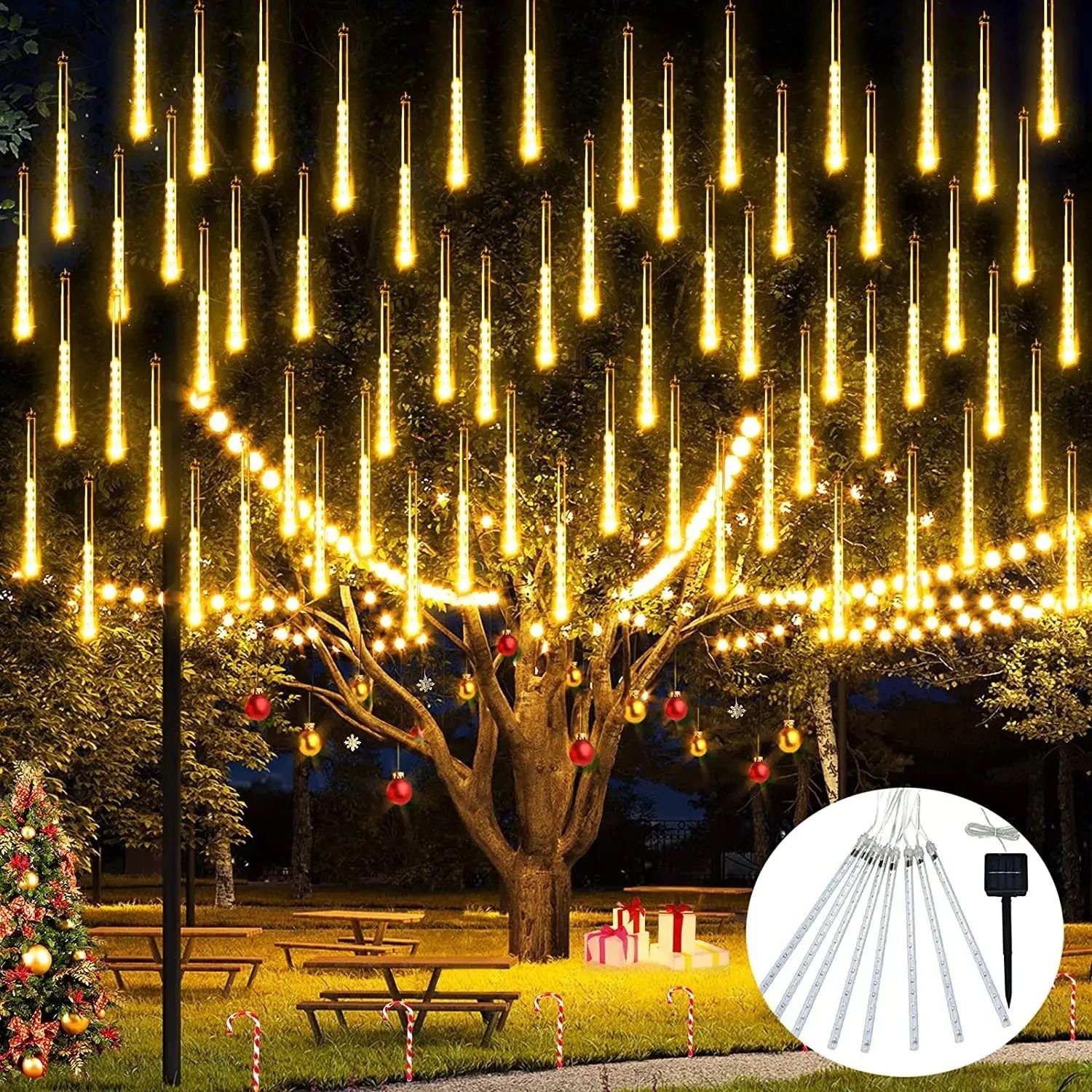 Solar Outdoor Meteor Shower Lights (10-Tube Waterproof Falling Raindrop Fairy String Lights for Christmas & Party)