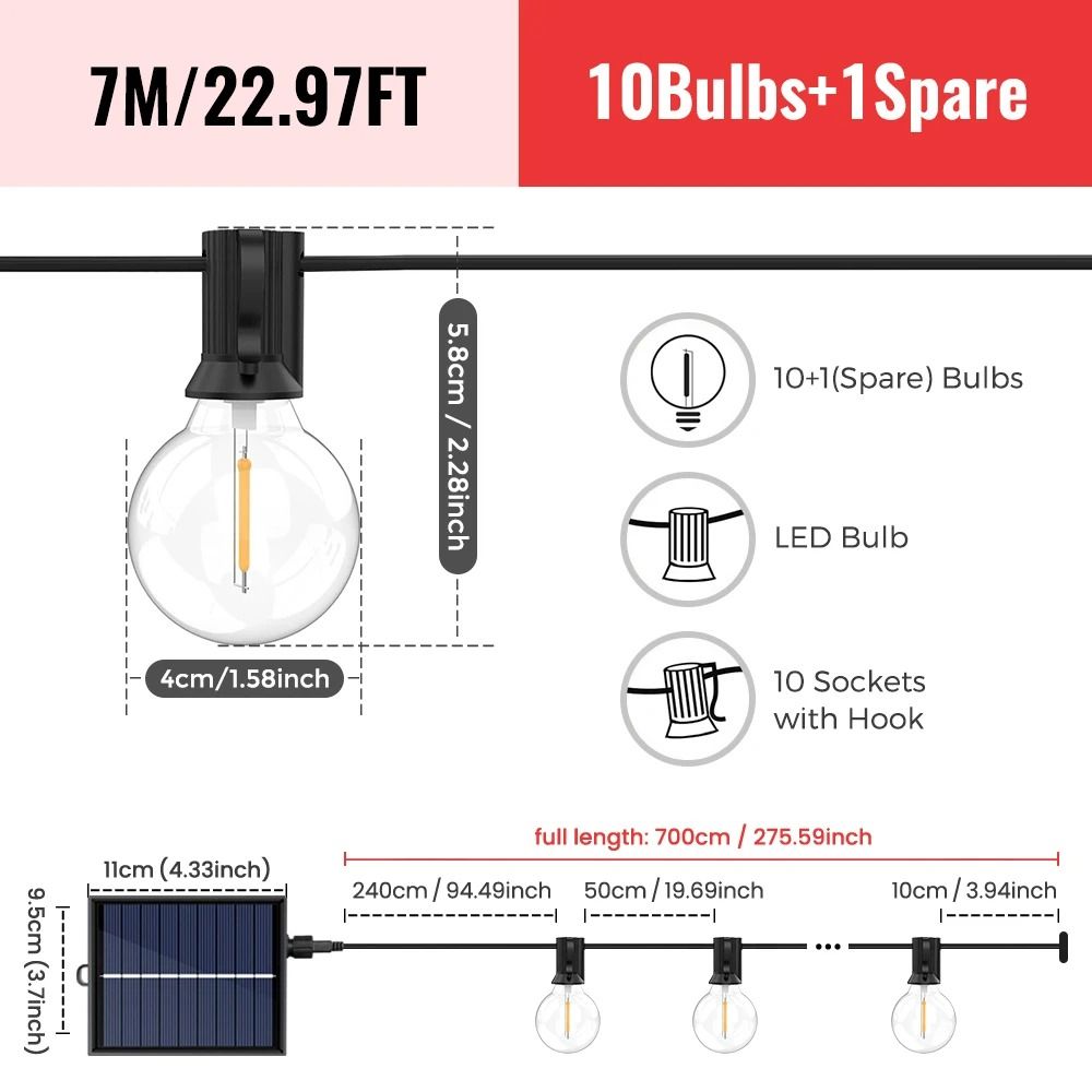 Solar Outdoor G40 Globe Patio String Lights (Shatterproof LED Weatherproof Hanging Lights for Backyard Bistro & Garden D