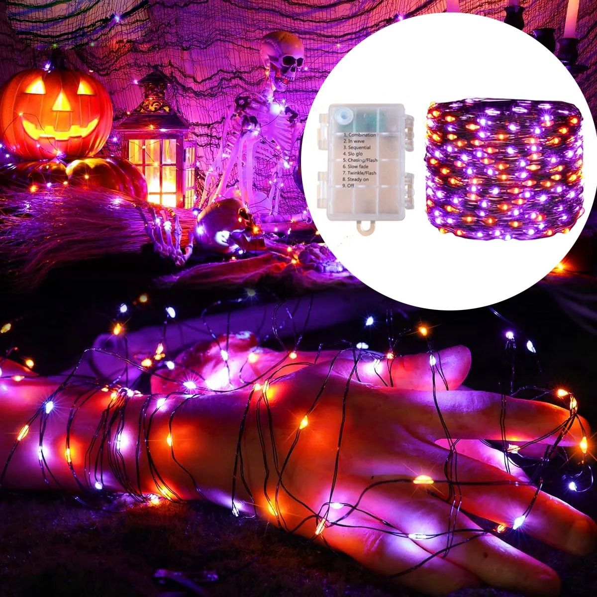 Halloween LED Purple & Orange String Lights (Battery Powered Outdoor Fairy Light Garland)