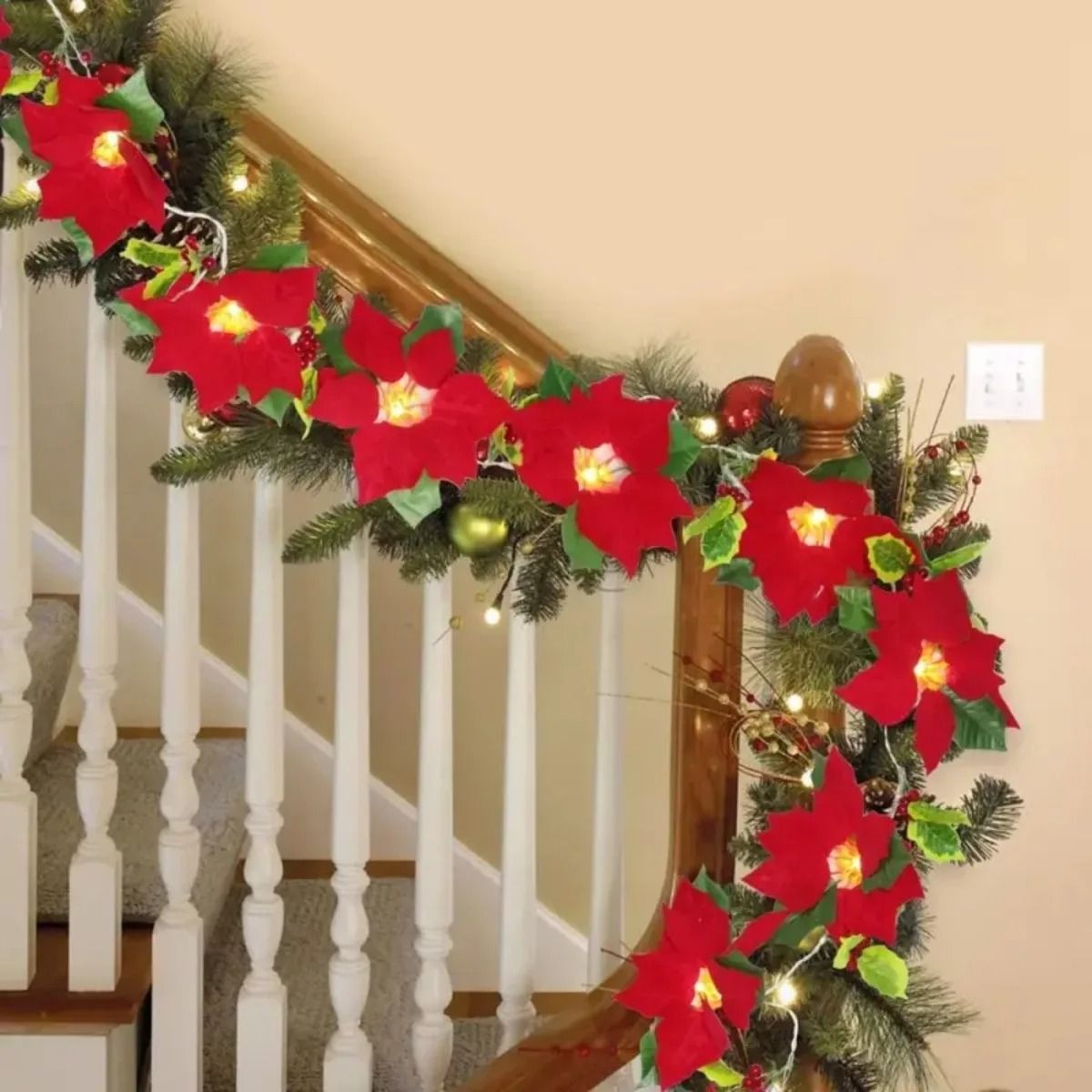 Red Poinsettia Floral LED String Lights (Battery Powered Holiday Garland for Home & Outdoor Decor)