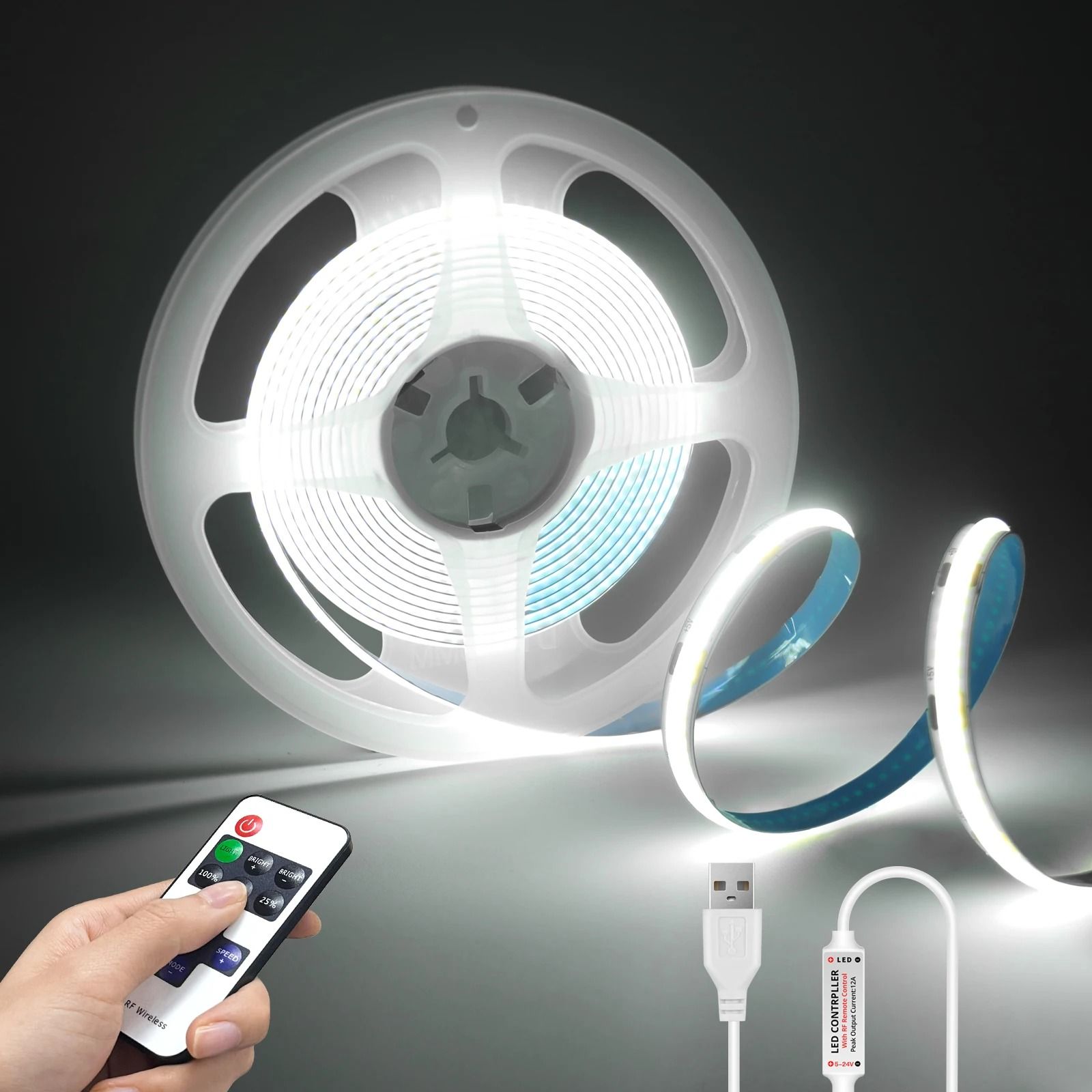 5V COB LED Strip Light with Dimmable Remote Control (White/Warm White Flexible Cabinet Light)