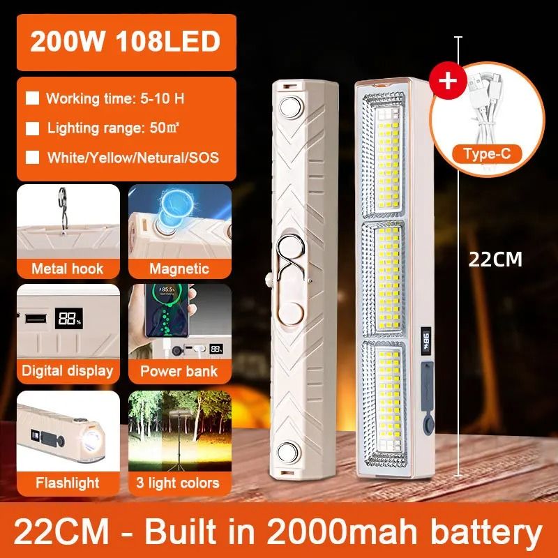 108/156/210 LED Magnetic Underhood Light Bar with Hook & USB Rechargeable Battery