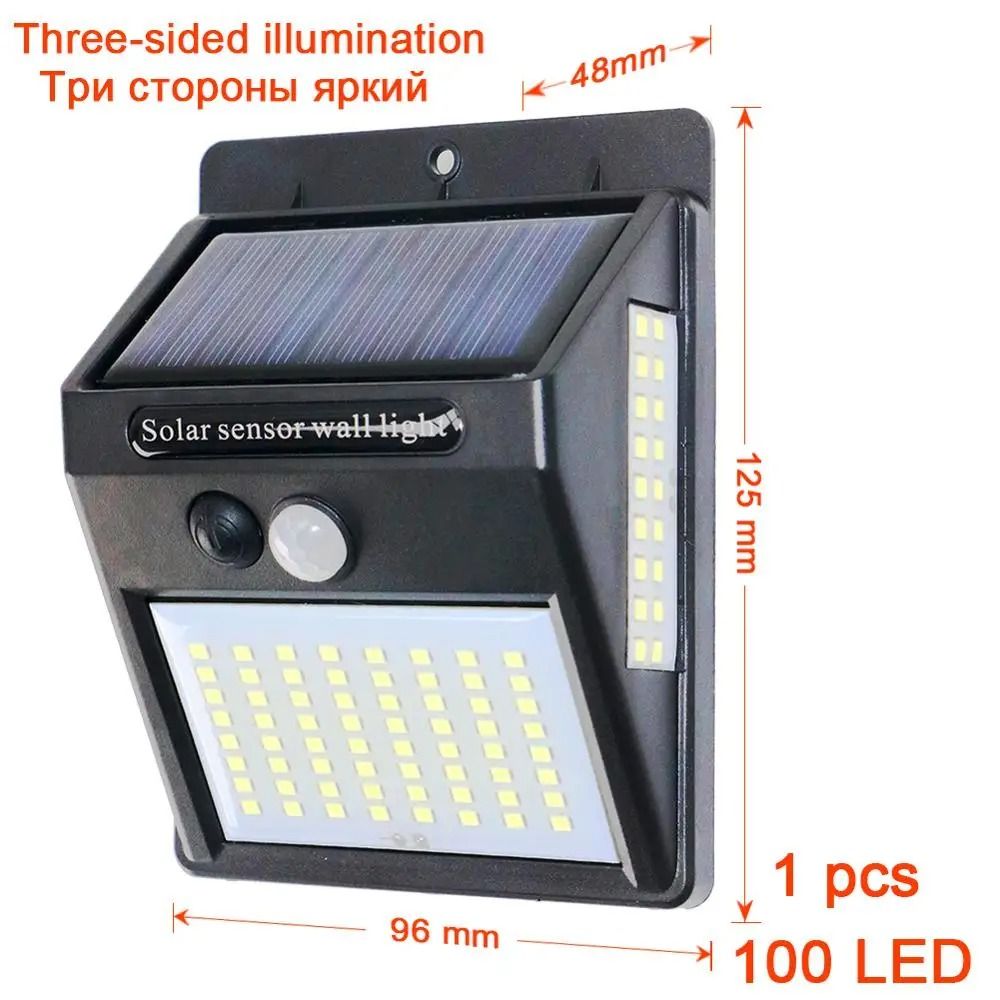 3-Sided 100 LED Solar Outdoor Wall Light PIR Motion Sensor Waterproof Street & Yard Safety Lamp