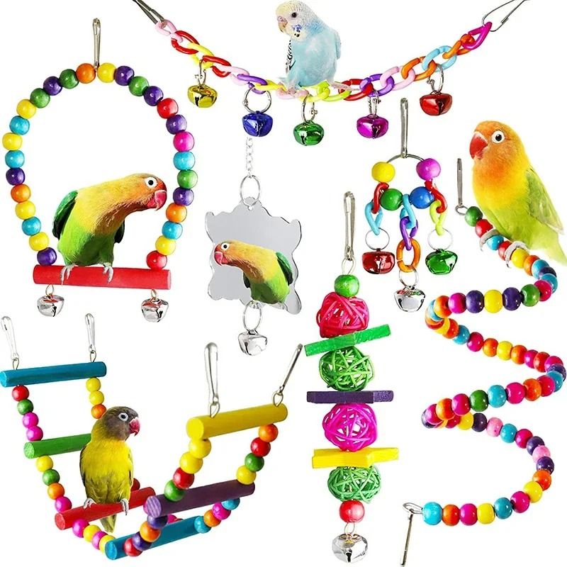 7-Piece Wooden Parrot Toys Set with Hanging Bird Cage Accessories Swing Suspension Bridge & Bells